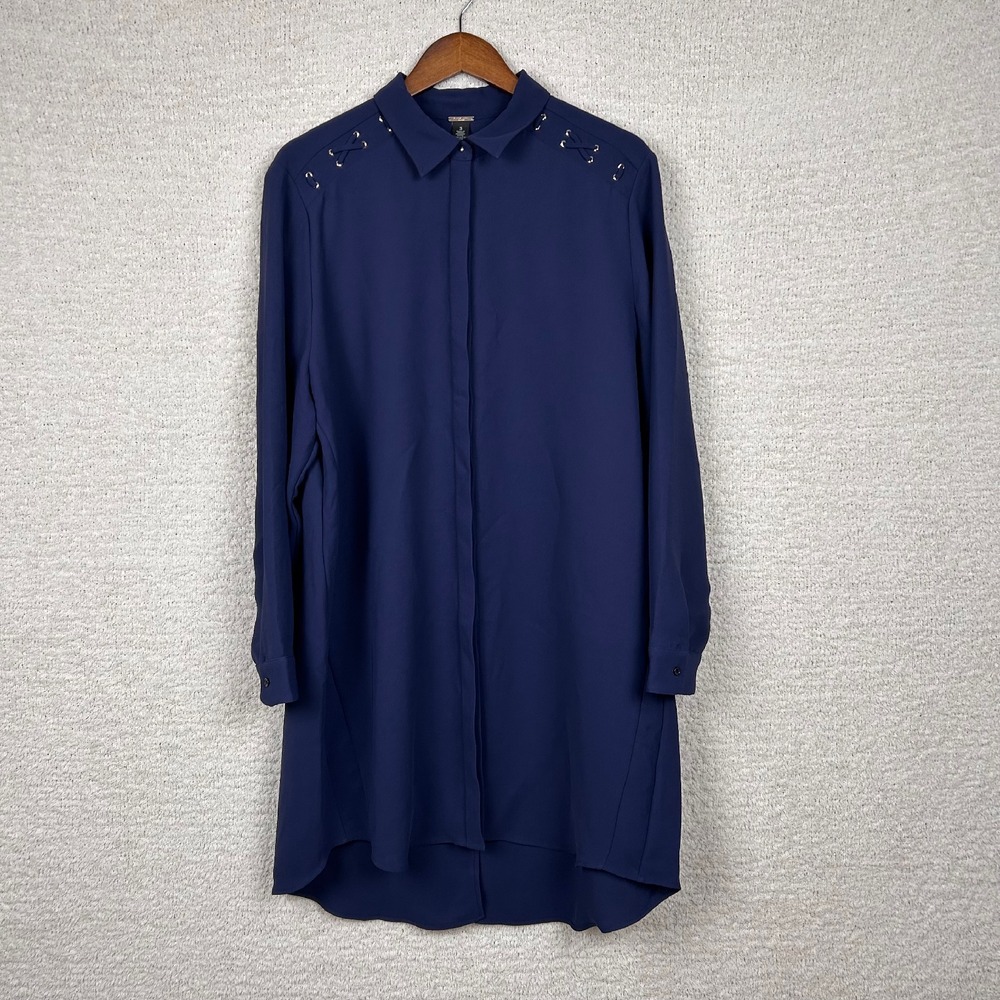 Chicos Black Label Tunic Women 3/US XL Blue Lace Up Detail Button Up Long Sleeve